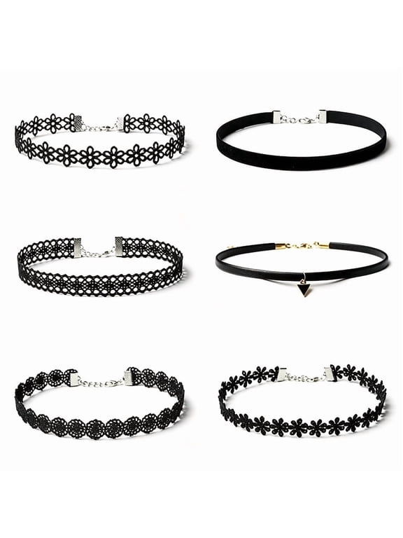 6Pcs Black Choker Necklaces Set, Leather Lace Chokers with Heart Ring Triangle Pendant, Adjustable Gothic Punk Short Neck Collar Jewelry for Women Halloween Decoration Gifts