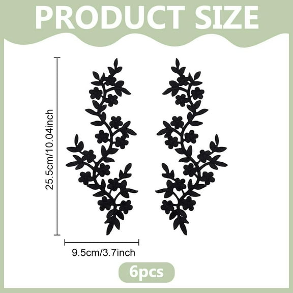 6Pcs Black Flower Leaves Iron on Patches Leaf Vine Embroidery Long Patch Sew on Floral Patches Decorative Applique Decal for Wedding Dress Jeans DIY Costume Art Craft Projects