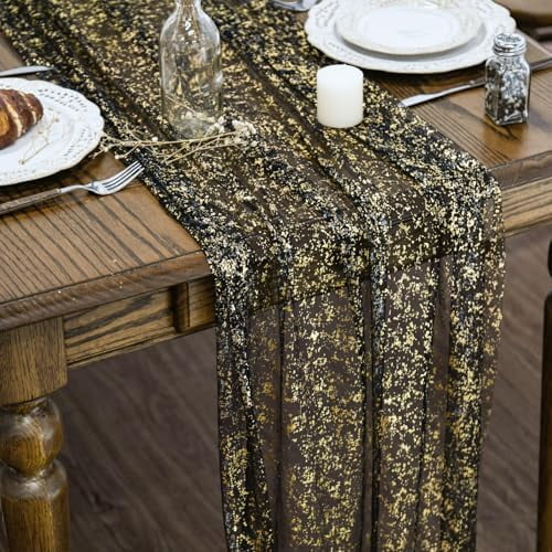 6Pcs Black Gold Gauze Table Runner 120 Inch 10FT, Glitter Metallic Foil Sheer Dining Wedding Anniversary Holiday Birthday Table Decor for Home Party