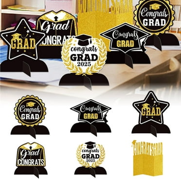 6Pcs Black And Gold Graduation Decorations Class Of 2025 Congrats Grad Wooden Table Centerpieces Grad Table Toppers Congratulate Tiered Tray Decor For 2025 Graduation Decorations