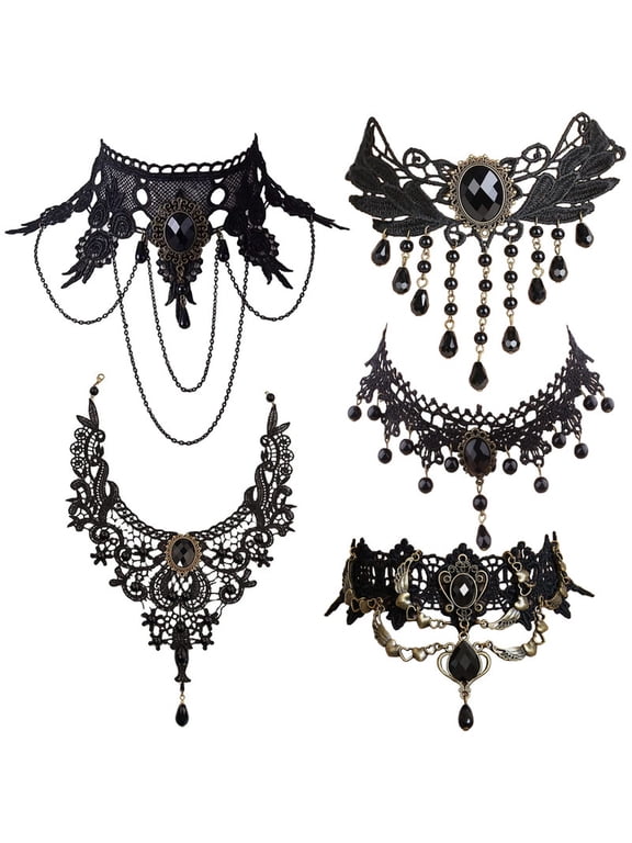 6Pcs Black Lace Choker Necklace Set for Women Gothic Velvet Chokers Collar Necklace Halloween Gothic Cosplay Costume Jewelry Accessory