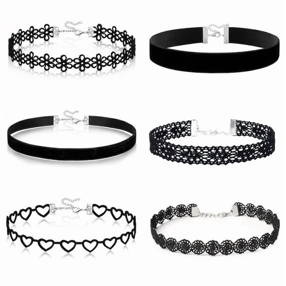 6Pcs Black Lace Choker Necklace Set for Women Gothic Velvet Heart Flower Hollow Chokers Collar Necklace