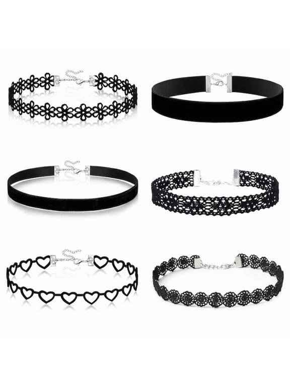 6Pcs Black Lace Choker Necklace Set for Women Gothic Velvet Heart Flower Hollow Chokers Collar Necklace