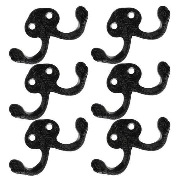 6Pcs Black Metal Double Hooks for Wall Mounting Clothes Hat Towel and Robe Hanging
