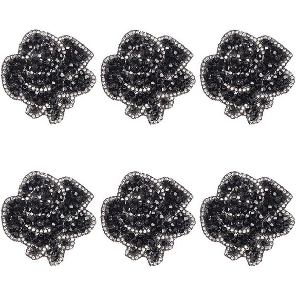 6Pcs Black Rhinestone Rose Patch with Adhesive 60x57mm Sparkling Iron-On Hand-Made Beaded Applique Floral Patches Applique Bling Rhinestone Patch