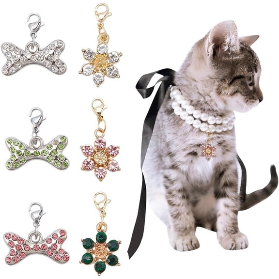 6Pcs Bling Rhinestones Bone Charm Pendant Alloy Flower Bone Charm Pendant Pet Supplies Dog Accessories for Pet Dog Cat Collar Necklace Jewelry Making DIY Craft Accessoriey