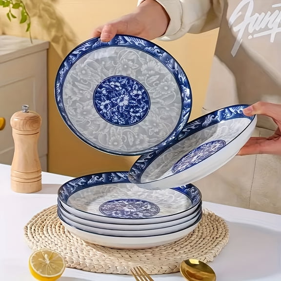 6Pcs Blue White Floral Ceramic Dinner Plates, Large Round Microwave Dishwasher Safe Plates for Holiday Main Course Meals