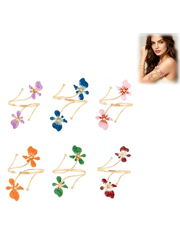 6Pcs Bohemian Floral Arm Cuff, Adjustable Gold Enamel Flower Upper Arm Bracelet, Statement Open Bangle for Women, Boho Summer Party Jewelry