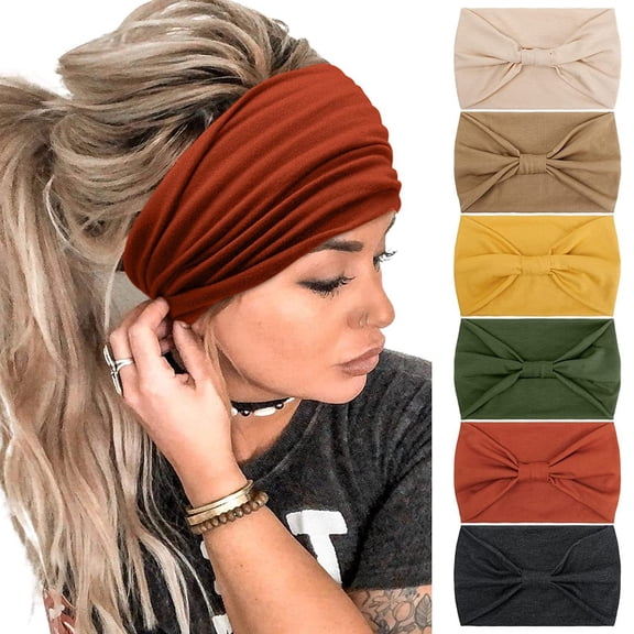 6Pcs Boho Wide Elastic Turban Head Wraps Non-Slip Sport Hair Bands For Ladies Yoga Jogging Fitness Daily Casual Head Accessories Assorted Chic Hues