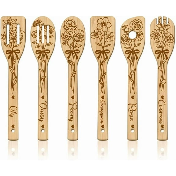 6Pcs Bouquet Bamboo Cooking Utensils Wooden Lilies Roses Daisies Cosmos Engraved Cooking Spoons Spatula Set for Women and Men Wood Cooking Spoon for Kitchen House Warming Gift diy