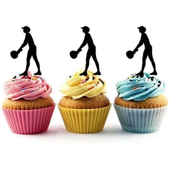 6Pcs Bowler Silhouette Acrylic Cupcake Toppers for Bowling or Sports Themed Birthday Party Supplies