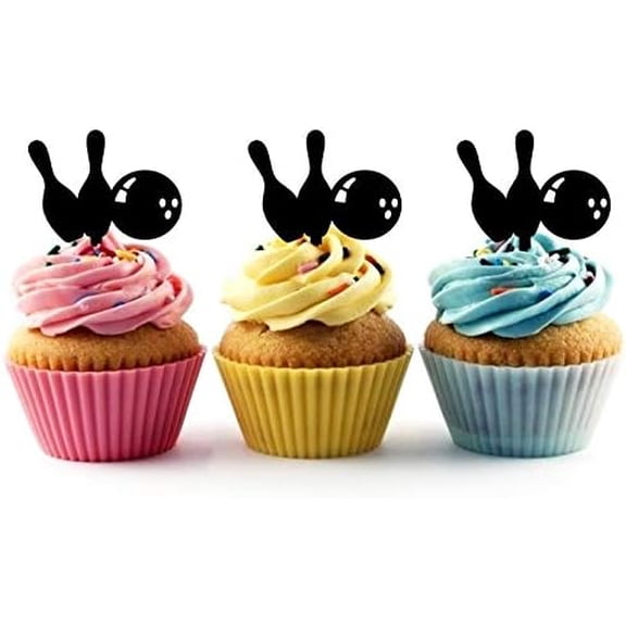 6Pcs Bowling Pins and Ball Silhouette Acrylic Cupcake Toppers for Bowling or Sports Themed Party Supplies