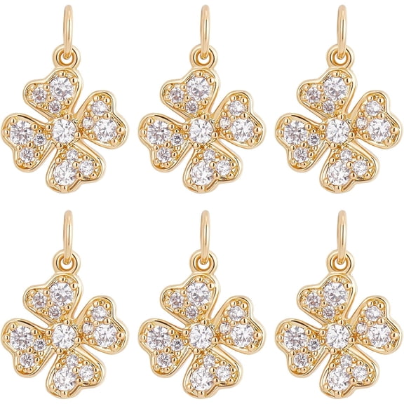 6Pcs/Box Four Leaf Clover Charms 18K Gold Plated Brass Good Luck Pendant Cubic Zirconia St. Patrick's Day Shamrock Charm for Jewelry Making Mixed Color