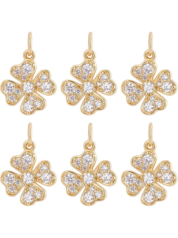 6Pcs/Box Four Leaf Clover Charms 18K Gold Plated Brass Good Luck Pendant Cubic Zirconia St. Patrick's Day Shamrock Charm for Jewelry Making for making