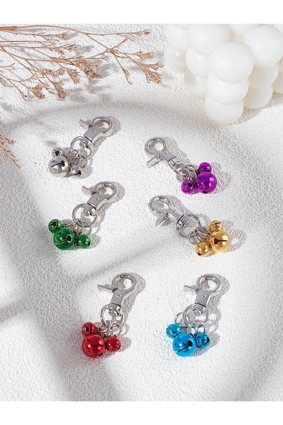 6Pcs Brass Bell Charms Craft Bells with Zinc Alloy Swivel Lobster Claw Clasps Mixed Color Metal DIY Accessories for Christmas Home Making Ornaments Wreath Decorations 49mm