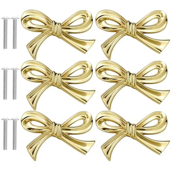6Pcs Brass Bow Shape Cabinet Knobs - Gold Drawer Pulls, Decorative Bow Knobs for Kitchen Cabinets, Dressers, and Wardrobes, Solid Brass$$Tools & Hardware Other
