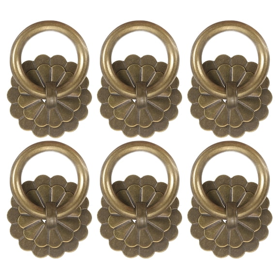 6 Pack 1.24 Inch Brass Drawer Pulls and Knobs, Vintage Ring Drawer Pulls with U-pins Flower Shape for Cabinet Dresser Closet Cupboard, Gold Tone