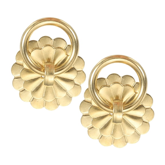 6 Pack 1.30 Inch Brass Drawer Pulls and Knobs, Vintage Ring Drawer Pulls with U-pins Flower Shape for Cabinet Dresser Closet Cupboard, Gold Tone