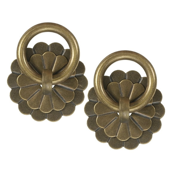 6 Pack 1.36 Inch Brass Drawer Pulls and Knobs, Vintage Ring Drawer Pulls with U-pins Flower Shape for Cabinet Dresser Closet Cupboard, Gold Tone