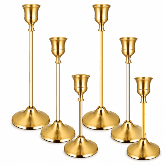 6Pcs Brass Gold Candlestick Holders, Vintage Tall Table Metal Taper Candle Holders Centerpiece, fits Pillar & LED Candles. Perfect for Weddings, Festive Events and Christmas Mantel Decor