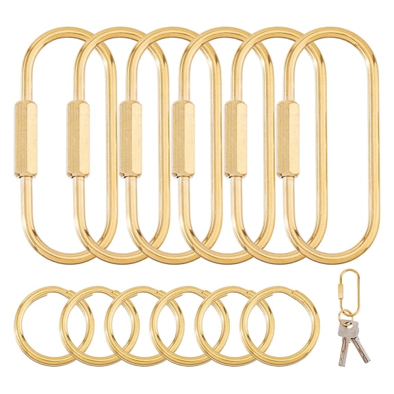 6Pcs Brass Locking Carabiner Oval with 6Pcs Brass Split Rings Raw(Unplated) 60x25.5x6mm