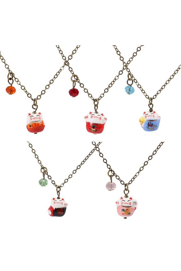 6Pcs Brass Necklaces Lucky Cat Shape with Porcelain Pendants Mixed Color 24.41 inch(62cm)