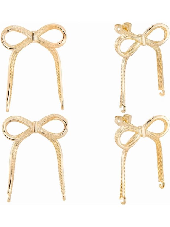 6Pcs Brass Stud Earring Finding with Loop Bowknot Real 14K Gold Plated 29.5x23mm Hole: 1.6mm Pin: 0.8mm for Handmade