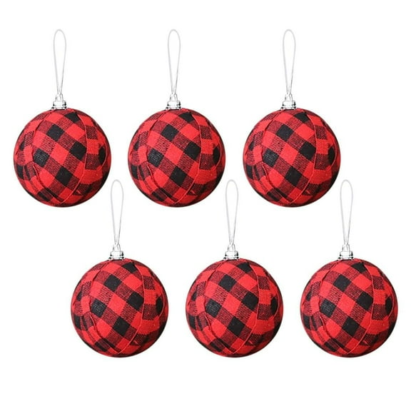 6Pcs Buffalo Plaid Fabric Ball 2.76" Christmas Hanging Ornament Decorative Plaid Ball Fabric Wrapped Balls Tree Hanging Ornaments for Christmas Tree Party Farmhouse Decoration (Red and Black)