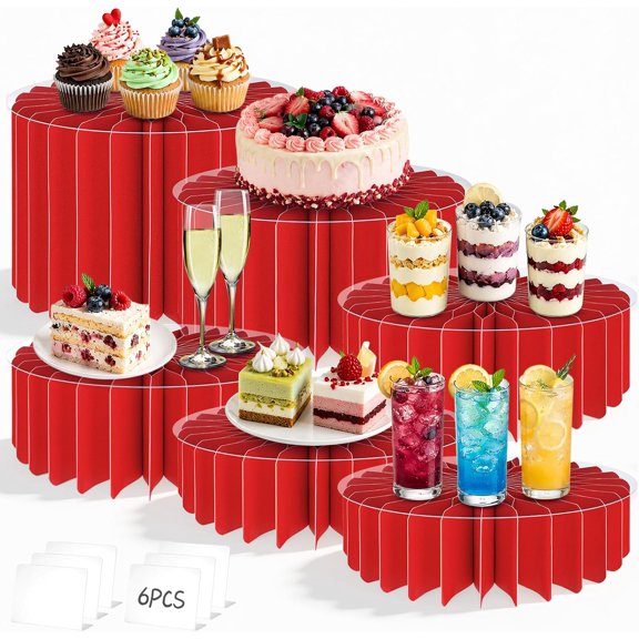6Pcs Buffet Risers, Food Risers for Table, Foldable Cake Display Stands, Tall Cardboard Cupcakes Stand for Show Catering Desserts Jewelry Wedding Birthday Party Decoration (Glitter Red)
