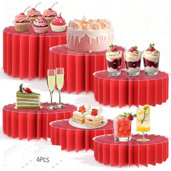 6Pcs Buffet Risers, Valentine's Day Food Risers for Table, Foldable Cake Display Stands, Tall Cardboard Cupcakes Stand for Show Catering Desserts Jewelry Wedding Birthday Party Decoration (Red)