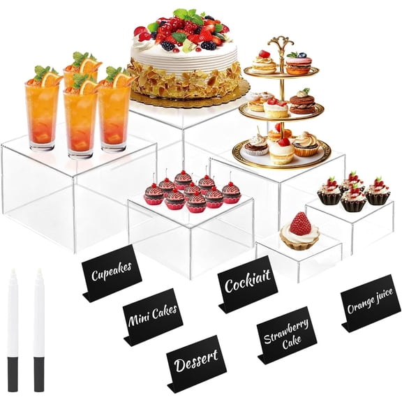 6Pcs Buffet Risers with Mini Sign and Maker Clear Acrylic Boxes