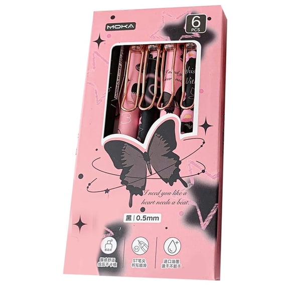 6Pcs Butterfly Gel Pen 0.5MM Tip Quick Dry Ergonomic Grip Retractable Gel Pen Office Supplies for Writing Journaling