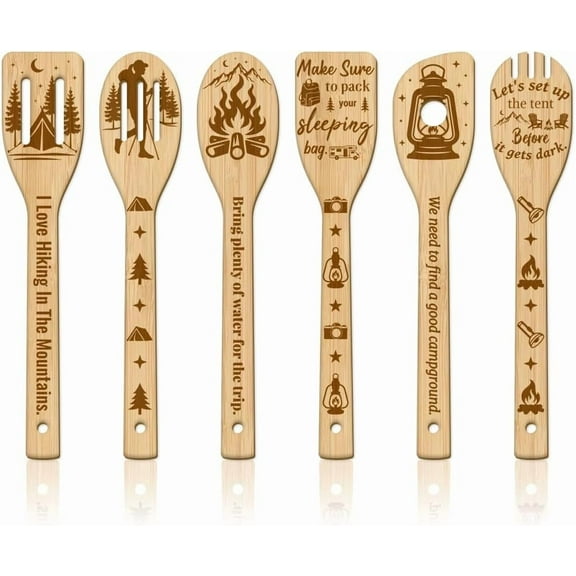 6Pcs Camping Bamboo Cooking Utensils Wooden Engraved Cooking Spoons Set RV Campfire Carving Kitchen Bamboo Spatula Set Wood Cooking Spoon