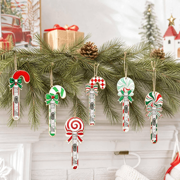 6Pcs Candy Cane Christmas Cash Gift Ornament, Wooden Money Holder Ornament, Christmas Hanging Money Clip for Tree Gift Decoration Holiday Decor