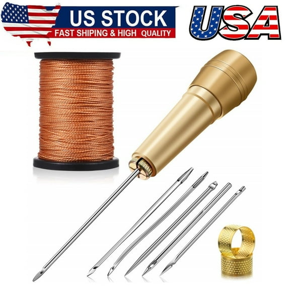 6Pcs Canvas Leather Sewing Awl Needle with Copper Handle,50m Nylon Cord Thread