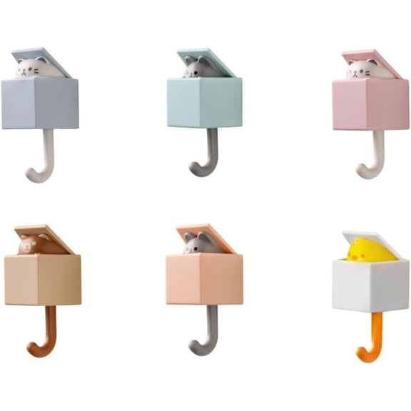 6Pcs Cartoon Cat Adhesive Wall Hooks, No-Drill Utility Storage Hooks, Cute Peek Design Hangers for Keys Towels Hats Bags Home Decor-yj