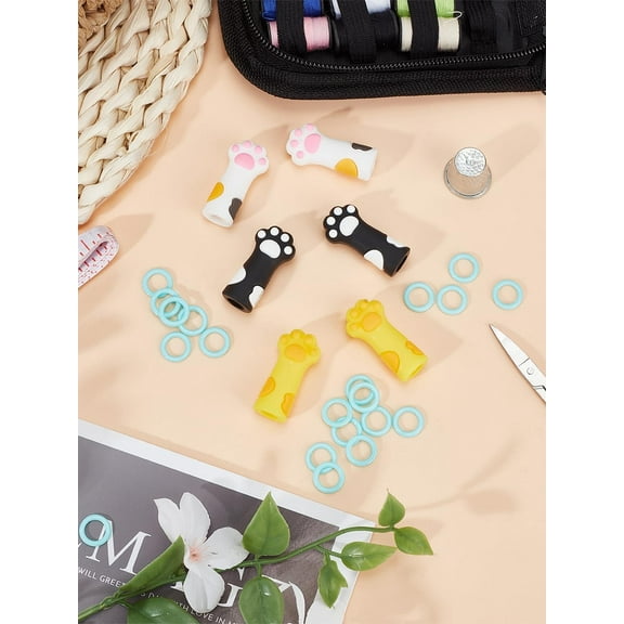 6Pcs Cartoon Style Pen Caps Mixed Color Silicone Pencil Cover Cat's Paw Stitch Stoppers with 20Pcs Rings Knitting Point Protectors for Knitting 34x17x12mm Hole: 7.5mm Mixed Color