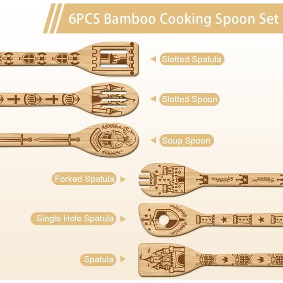 6Pcs Castle Bamboo Cooking Utensils Knight Wooden Engraved Cooking Spoons Set Flower Pattren Carving Kitchen Bamboo Spatula Set Wood Cooking Spoon for Kitchen House Warming Gift