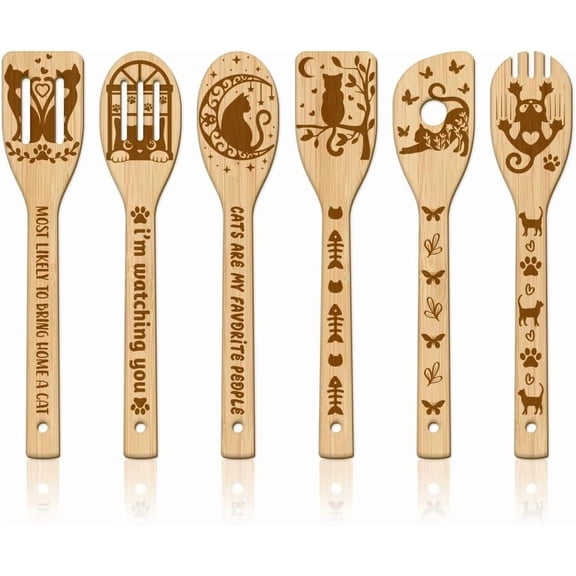 6Pcs Cat Bamboo Cooking Utensils Wooden Engraved Cooking Spoons Set Carving Kitchen Bamboo Spatula Set for DIY Women and Men Wood Cooking Spoon for DIY Kitchen House Warming Gift