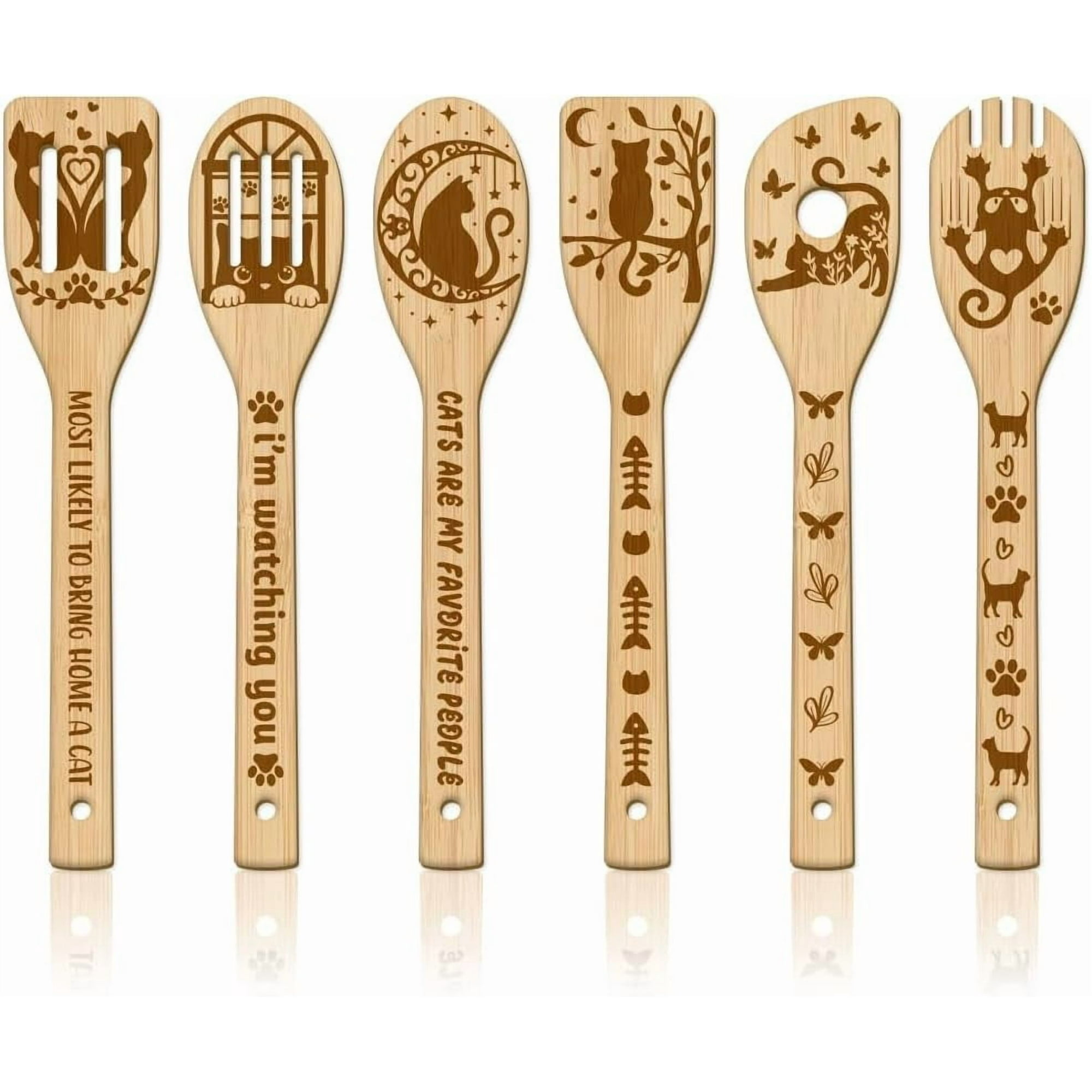 6Pcs Cat Bamboo Cooking Utensils Wooden Engraved Cooking Spoons Set Carving Kitchen Bamboo Spatula Set Wood Cooking Spoon for Kitchen House Warming Gift