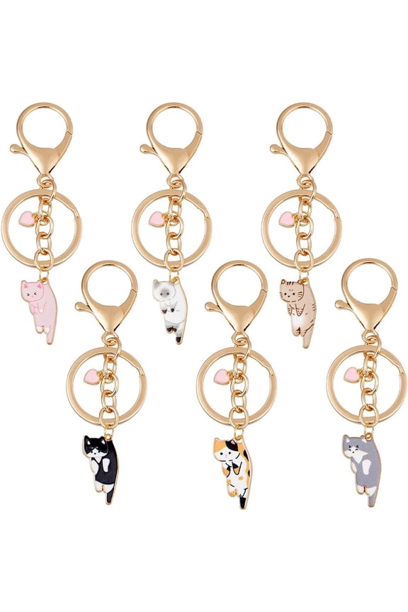 6Pcs Cat Keychain Alloy Enamel Animal Keychains Cute Key Ring with Pink Heart Funny Cartoon Keyring with Lobster Claw Clasps for DIY Backpack Wallet Key Handbag Car Party Favors DIY Decoration