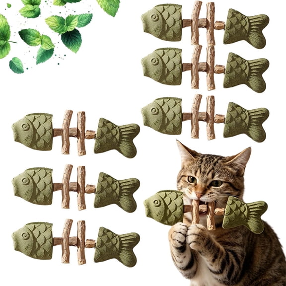 6Pcs Catnip and Silvervine Chew, Fish Bone Cat Dental Chew Toy – Natural Wooden Teeth Cleaning Stick for Teething, Boredom Relief & Daily Enrichment, Ideal for Cat Owners (01)