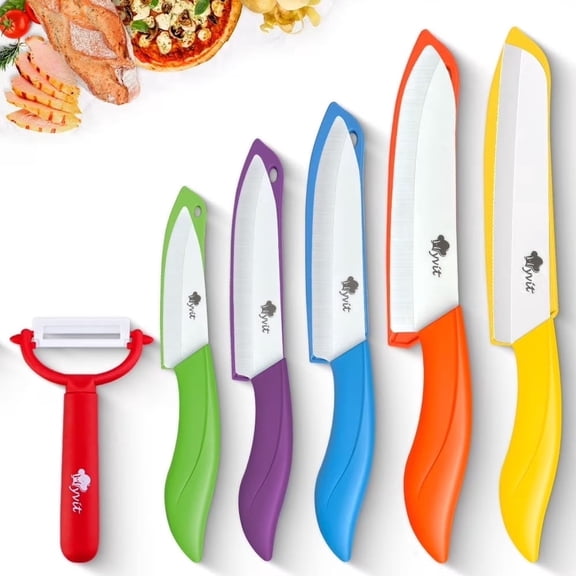 6PCS Ceramic Kitchen Knife Set with Peeler, Ultra Sharp Kitchen Knives for Fruit Vegetable Meat Bread, Colorful Handles with Blade Guards