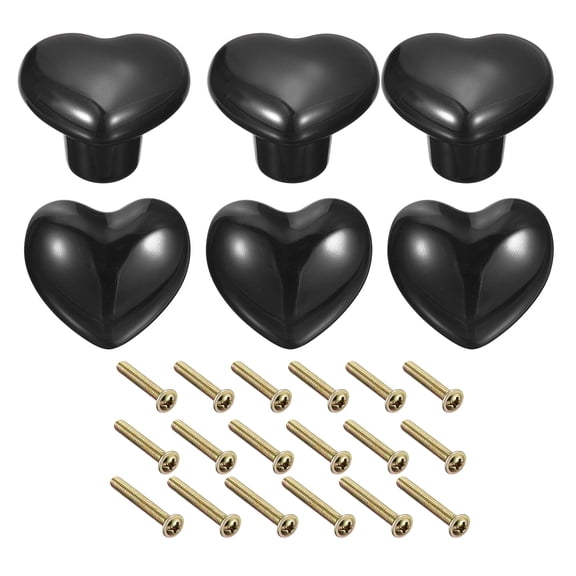 6Pcs Ceramic Knobs, Kitchen Drawer Knobs, Heart Shape Knobs with Mounting Screws for Drawer, Dressers, Black