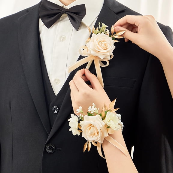 6Pcs Champagne Wrist Corsage for Wedding, Artificial Flowers Roses Wrist Corsage for Prom Homecoming Party Accessories for Bride Bridesmaids, Mother of Bride and Groom