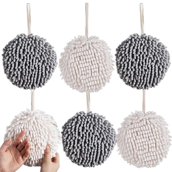 6Pcs Chenille Hand Towels, Bathroom Hand Towel with Hanging Loops, Kitchen Cleaning Hand Ball, Absorbent Soft Microfiber Bath Hand Towel (Gray & White)