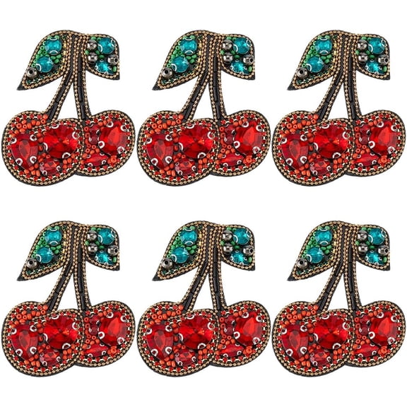 6Pcs Cherry Embroidery Patches Cute Cherry Iron on Patches Cherries Fruit Applique Patch with Rhinestone and Plastic Beads Sew on Applique Badge for Clothes Backpack Shoes Hat Dress