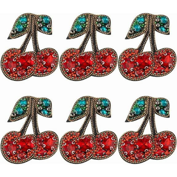 6Pcs Cherry Embroidery Patches Cute Cherry Iron on Patches Cherries Fruit Applique Patch with Rhinestone and Plastic Beads Sew on Applique Badge for Clothes Backpack Shoes Hat Dress diy