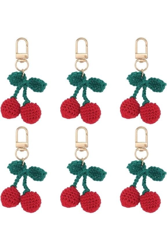 6Pcs Cherry Wool Knitting Keychain Handmade Weaving Keychain Cute Cherry Bag Charm for Earphone Bag Purse Backpack Wallet Keyring Gift Pendant Decoration