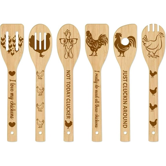6Pcs Chicken Bamboo Cooking Utensils Wooden Engraved Cooking Spoons Set Carving Kitchen Bamboo Spatula Set Wood Cooking Spoon for Kitchen House Warming Gift